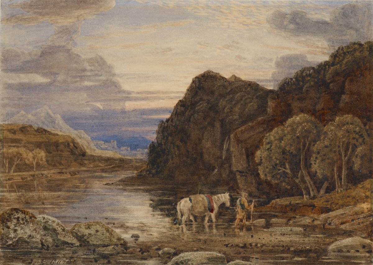 Sunset with Horse and Figure Fording River